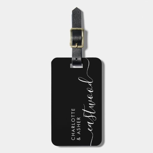 Elegant White On Black Monogram Script Name Bagagelabel (Voorkant verticaal)