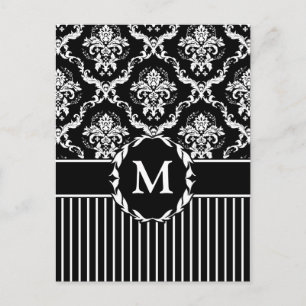 Elegant White op Black Damask Briefkaart