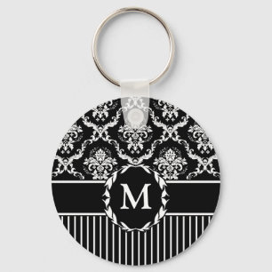 Elegant White op Black Damask Sleutelhanger