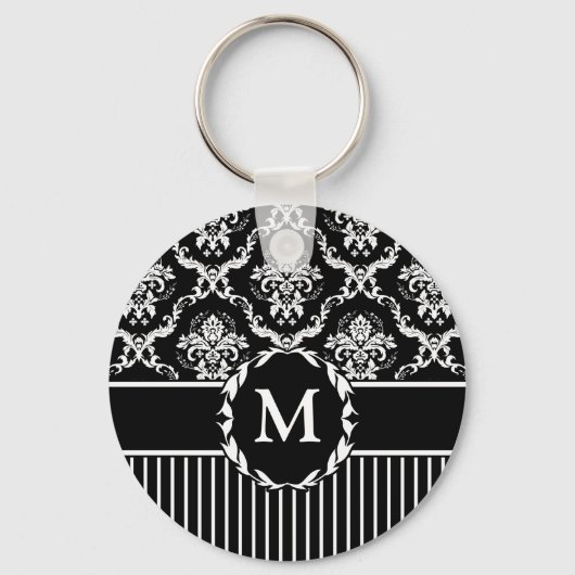 Elegant White op Black Damask Sleutelhanger (Voorkant)