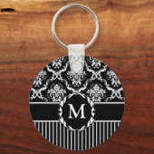 Elegant White op Black Damask Sleutelhanger (Voorkant)
