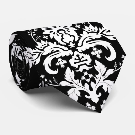 Elegant White op Black Damask Stropdas (Opgerold)