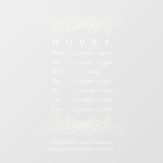Elegant White Opening Uours Timing Raamsticker (Vel)
