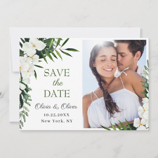 Elegant White Orchid Bohemian Floral Wedding PHOTO Save The Date (Voorkant)