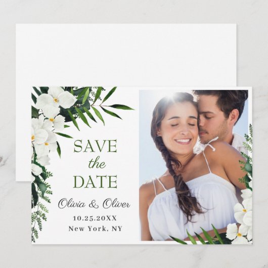 Elegant White Orchid Bohemian Floral Wedding PHOTO Save The Date (Voorkant / Achterkant)