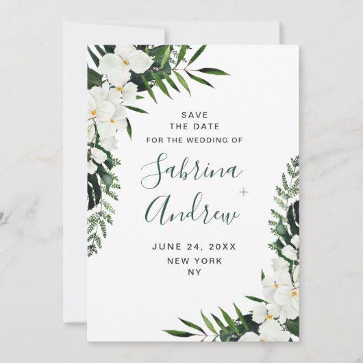 Elegant White Orchid Bohemian Greenery Wedding Save The Date (Voorkant)