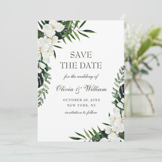 Elegant White Orchid Bohemian Greenery Wedding Save The Date (Staand voorkant)