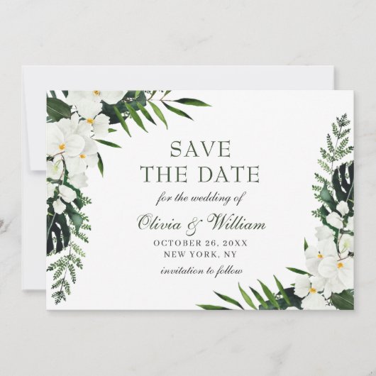 Elegant White Orchid Bohemian Greenery Wedding Save The Date (Voorkant)