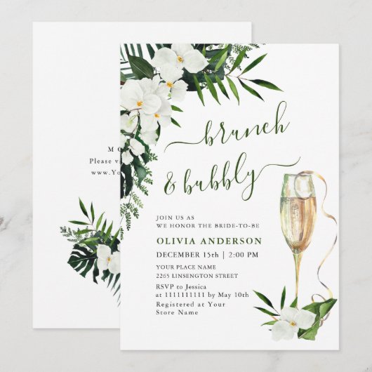 Elegant White Orchids Bohemian BRUNCH & BUBBLY Kaart (Voorkant / Achterkant)