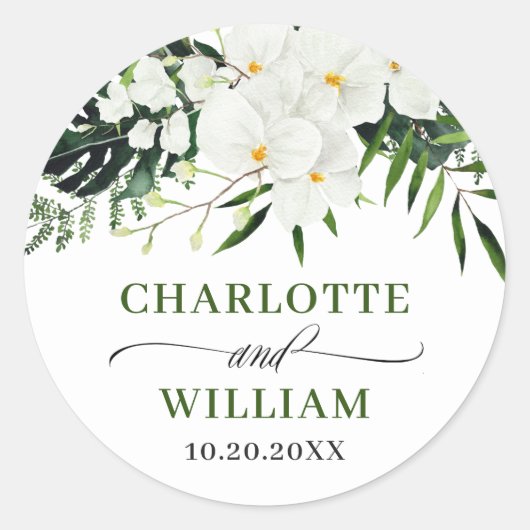 Elegant White Orchids Bohemian Floral Wedding Ronde Sticker (Voorkant)