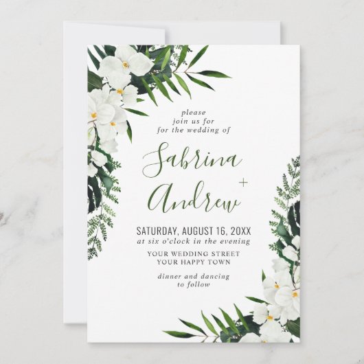 Elegant White Orchids Bohemian Greenery Wedding Kaart (Voorkant)