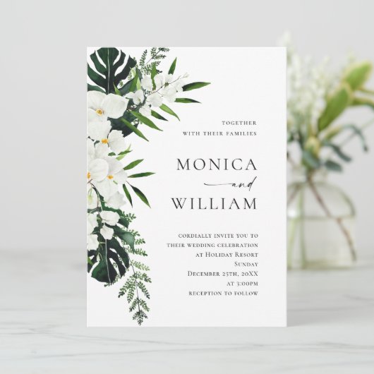 Elegant White Orchids Bohemian Greenery Wedding Kaart (Staand voorkant)