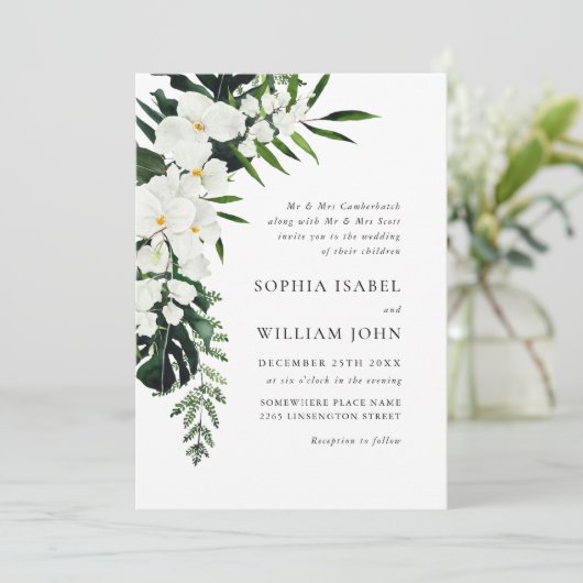Elegant White Orchids Bohemian Greenery Wedding Kaart (Staand voorkant)
