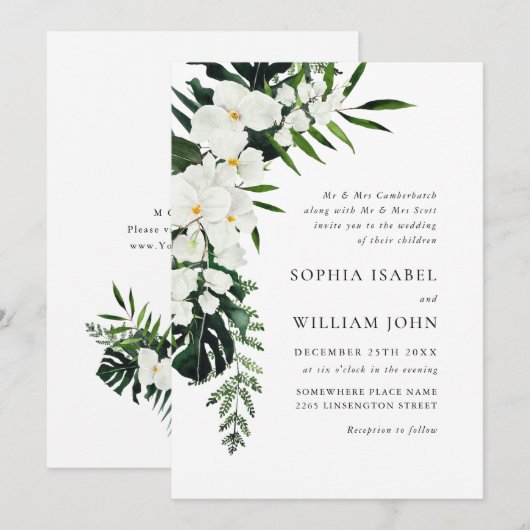 Elegant White Orchids Bohemian Greenery Wedding Kaart (Voorkant / Achterkant)