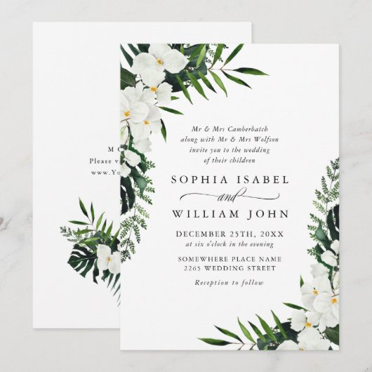 Elegant White Orchids Bohemian Greenery Wedding Kaart (Voorkant / Achterkant)