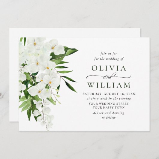 Elegant White Orchids Bohemian Greenery Wedding Kaart (Voorkant / Achterkant)