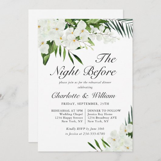 Elegant White Orchids Bohemian REHEARSAL DINNER Kaart (Voorkant / Achterkant)