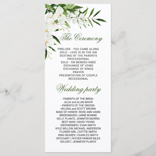 Elegant White Orchids Bohemian Wedding Ceremony Pr Programmakaart (Achterkant)