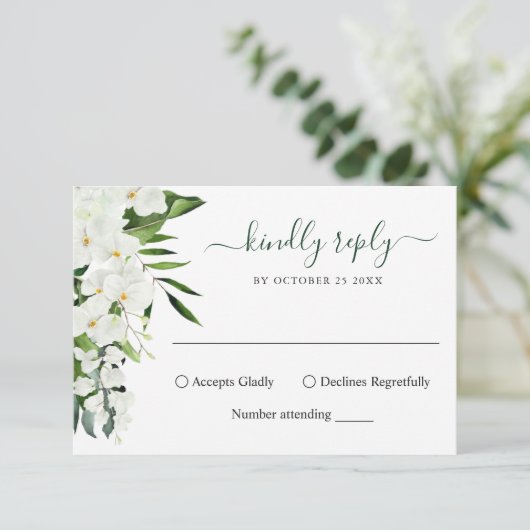 Elegant White Orchids Bohemian Wedding RSVP Kaart (Staand voorkant)