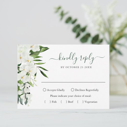 Elegant White Orchids Bohemian Wedding RSVP Kaartje (Staand voorkant)