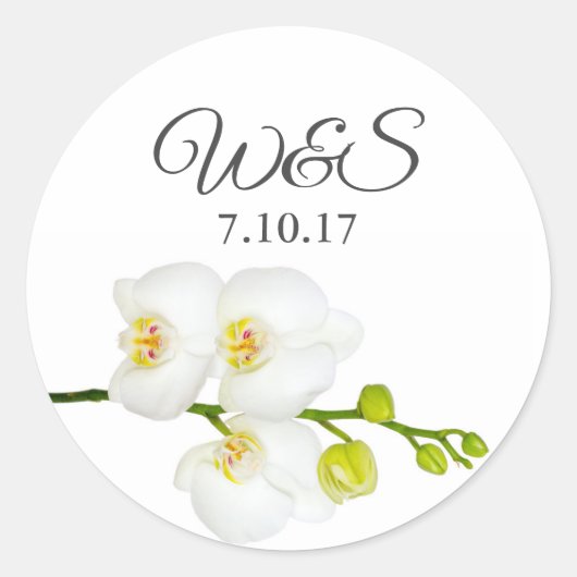 Elegant White Orchids Couple's Initialen & Date Ronde Sticker (Voorkant)