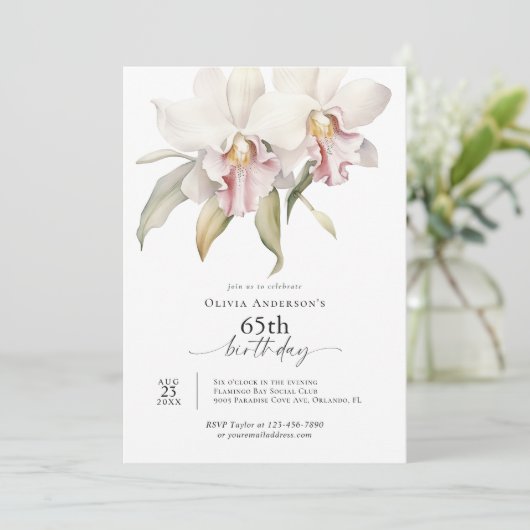 Elegant White Orchids Floral 65th Birthday Kaart (Staand voorkant)