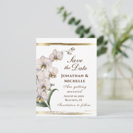 Elegant White Orchids Gold Lijst Christelijk Save The Date (Staand voorkant)