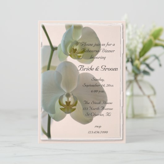 Elegant White Orchids Wedding Rehearsal Dinner Kaart (Staand voorkant)