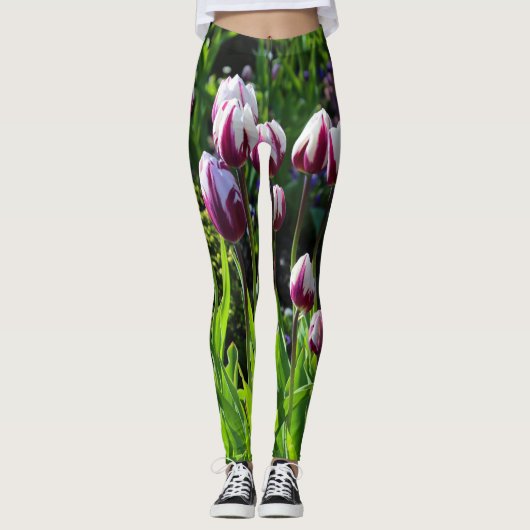 Elegant White Paars Flaming Flag Triumph Tulips Leggings (Voorkant)