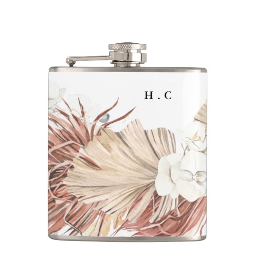 Elegant White Pampas Grass Floral Groomsmen Flask Heupfles (Voorkant)