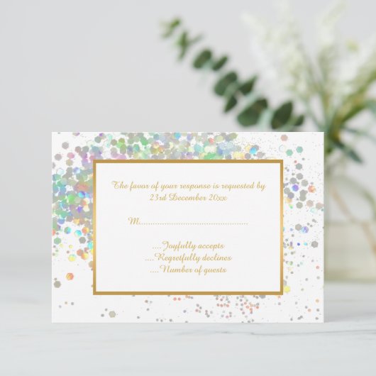 ELEGANT WHITE PASTEL HOLOGRAPHIC CUSTOM RSVP (Staand voorkant)