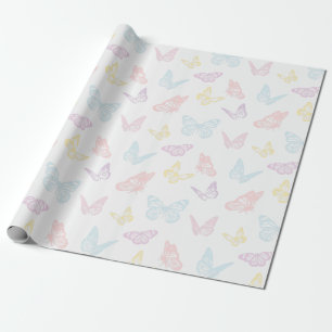 Elegant White Pastel Pink Blue Butterfly Patroon Cadeaupapier