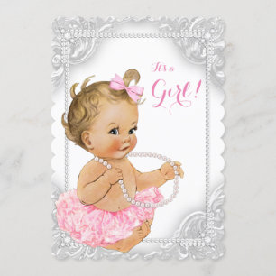 Elegant White Pearl Baby Girl Shower Kaart