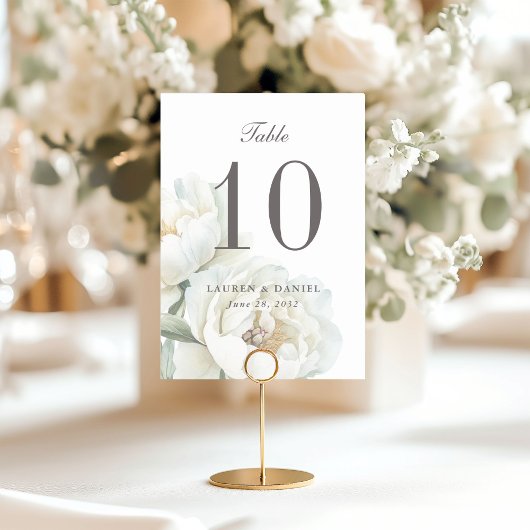 Elegant White Peonies Wedding Table Number Kaart