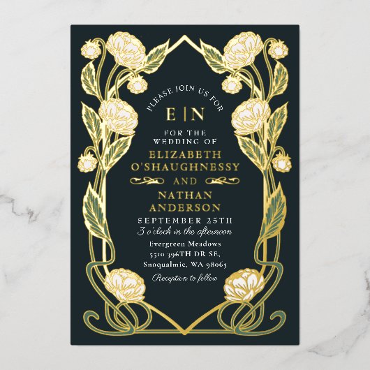 Elegant White Peony Art Nouveau Floral Wedding Folie Uitnodiging (Voorkant)