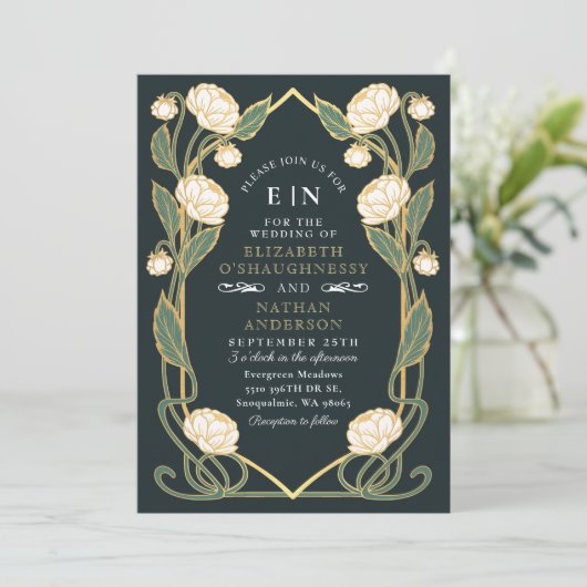 Elegant White Peony Art Nouveau Floral Wedding Kaart (Staand voorkant)