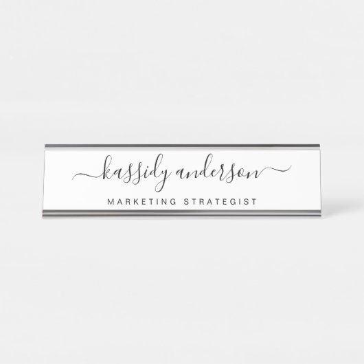 Elegant White Personalized Name Script Calligraphy Bureau Naambordje (Voorkant)