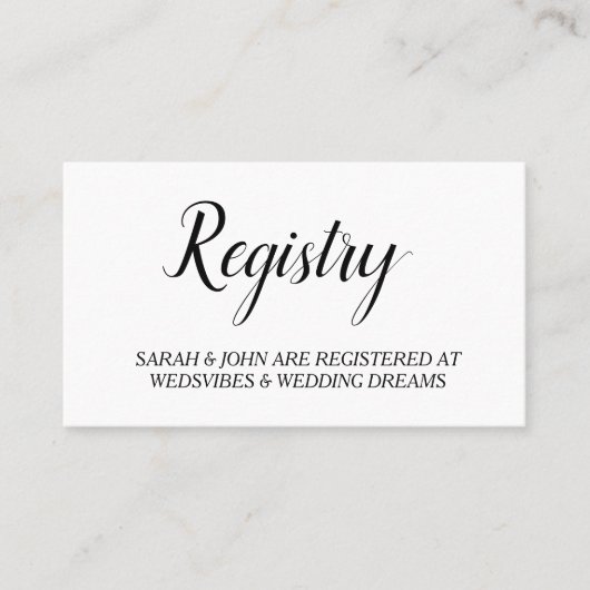 Elegant White Personalized Wedding Registry Card Visitekaartje (Voorkant)