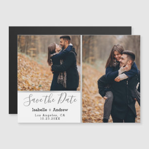 Elegant White Photo Collage Silver Save the Date Magnetische Uitnodiging