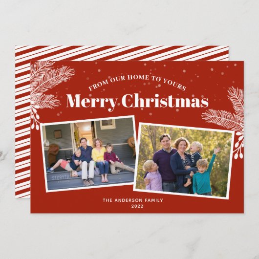 Elegant White Pine op Dark Red 2-foto's met Kerstm Feestdagenkaart (Voorkant / Achterkant)