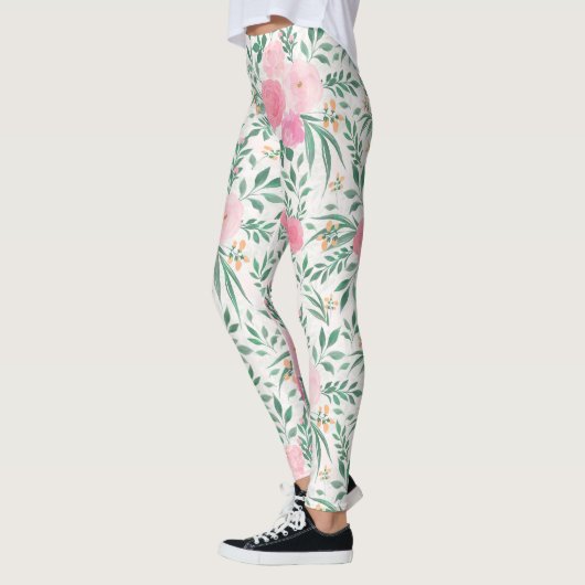 Elegant White Pink Flowers Waterverf Floral Leggings (Links)