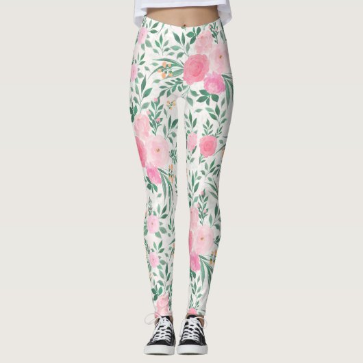 Elegant White Pink Flowers Waterverf Floral Leggings (Voorkant)