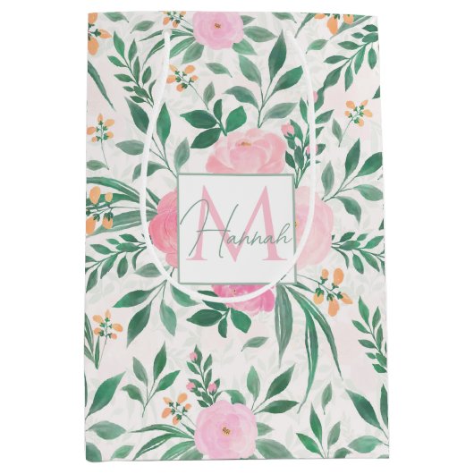 Elegant White Pink Flowers Waterverf Floral Medium Cadeauzakje (Voorkant)
