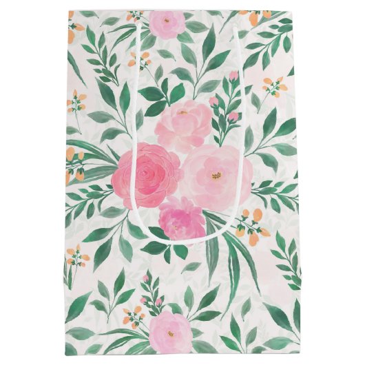 Elegant White Pink Flowers Waterverf Floral Medium Cadeauzakje (Achterkant)