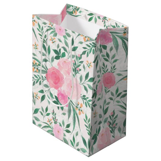 Elegant White Pink Flowers Waterverf Floral Medium Cadeauzakje (Achterkant Gekanteld)