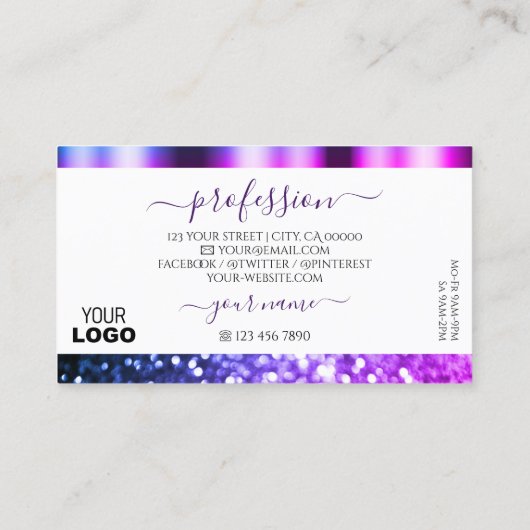 Elegant White Pink Paars Sparkle Glitter en Logo Visitekaartje (Achterkant)