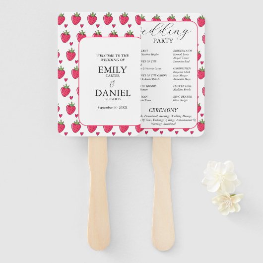 Elegant White & Pink Strawberry Wedding Handwaaier (Voorkant en achterkant)