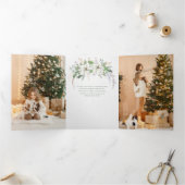 Elegant White Poinsettia and Pine Photo Drieluik Kaart (Binnen)