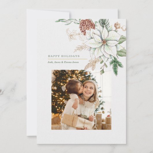 Elegant White Poinsettia and Pine Photo Feestdagenkaart (Voorkant)
