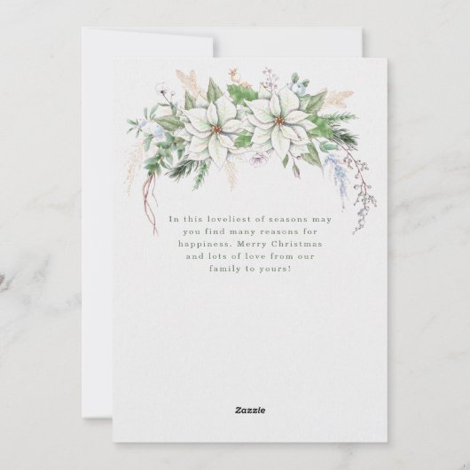 Elegant White Poinsettia and Pine Photo Feestdagenkaart (Achterkant)